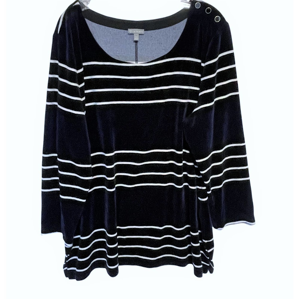 T By Talbots Women's 2X SOFT Velour Tunic Top ~ Blue Black & White Striped